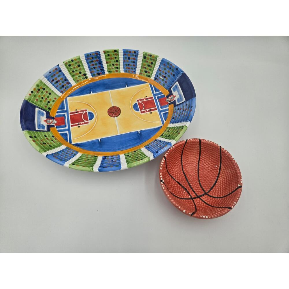 1997 Cooks Club Basketball Court Ceramic Serving Tray Dip Bowl Set